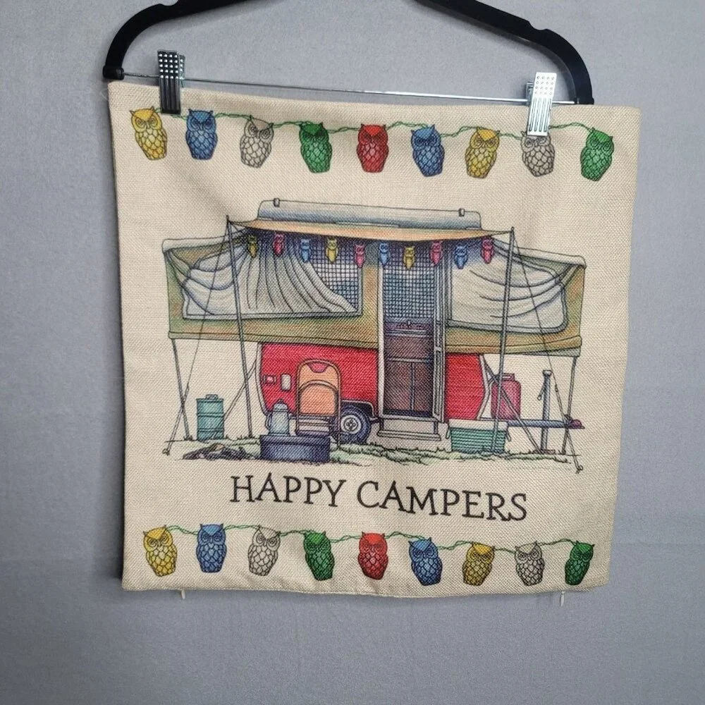 2 Happy Campers Pillow Covers Indoor Outdoor Owls Trailers Zip 17.5 x 17.5